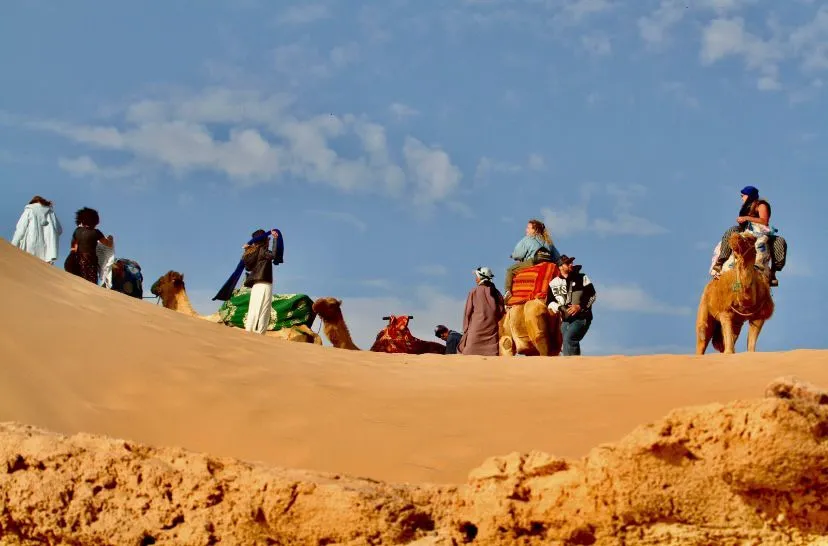 Camels and their riders crossing the crest of a dune under a bright blue sky