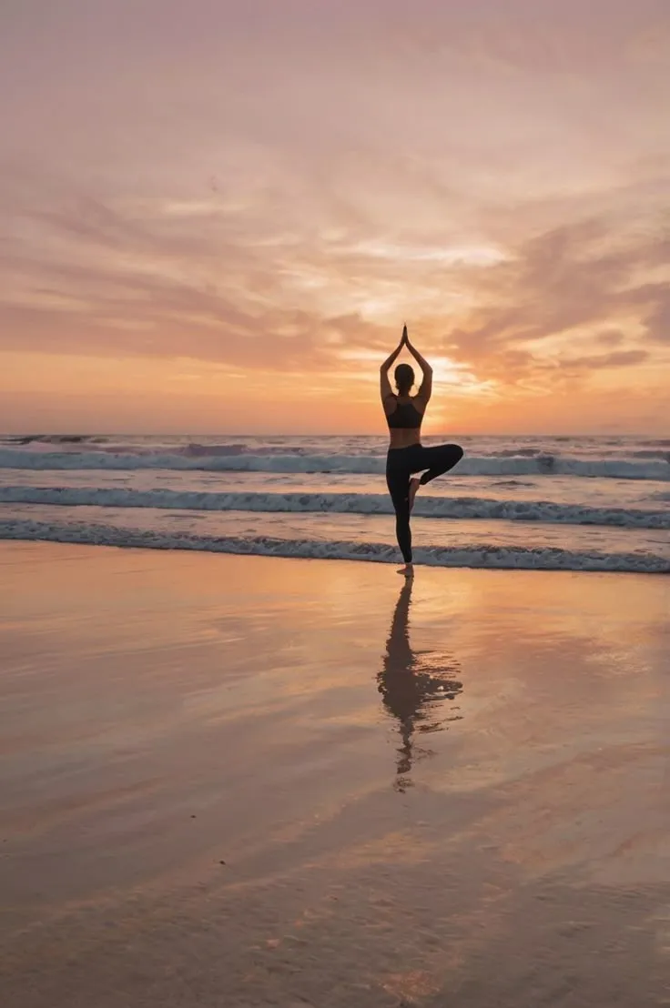 A woman holding tree pose on wet sand, silhouetted against a pink and orange sunset over the sea